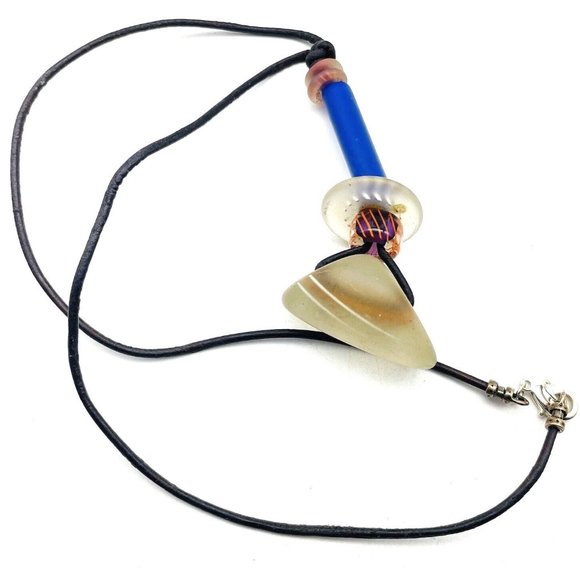 Art Glass Pendant Necklace Faux Leather Cord Silver Tone Boho Festival Party - Picture 1 of 6